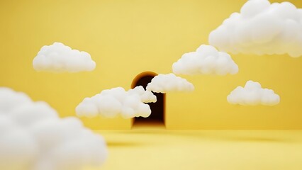 Person walking through a dark doorway surrounded by fluffy clouds