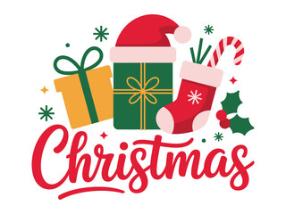 Christmas presents, stocking, and Santa hat with festive lettering create holiday cheer.