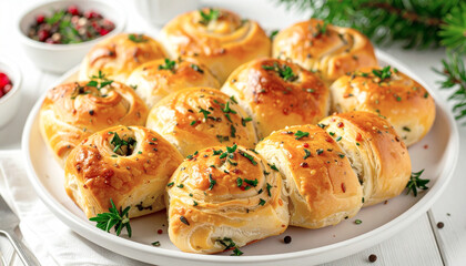 Holiday herb and cheese rolls, white platter, closeup. AI