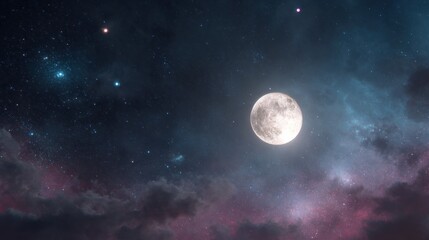 Stunning full moon illuminating a dreamy night sky filled with sparkling stars and swirling colorful nebula clouds for inspirational designs