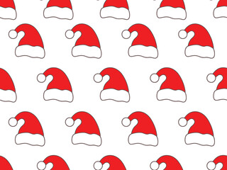 A repeating pattern of red Santa hats with white trim and pom-poms.