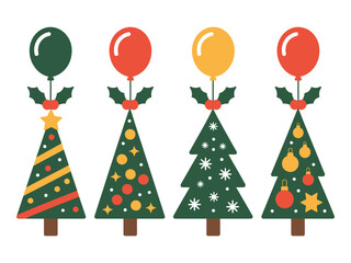 Four stylized Christmas trees are decorated with balloons and holly leaves.