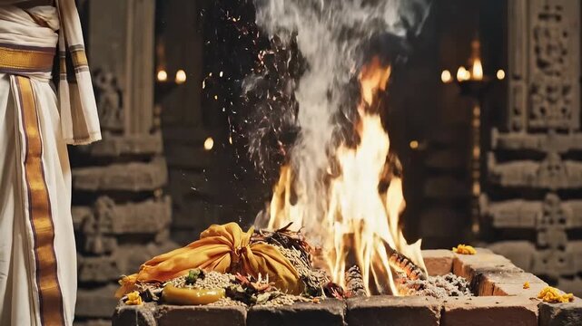 Priest performing sacred homa ceremony with burning offerings and bright flames inside an ancient stone temple with warm spiritual lighting