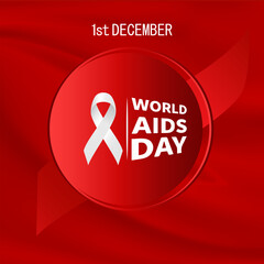 An impactful illustration for World AIDS Day on December 1st, featuring a prominent white awareness ribbon and "World AIDS Day" text in a red circular frame against a textured red background. 