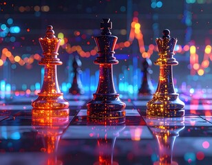 Glowing chess pieces on a board, in front of a blurred financial graph