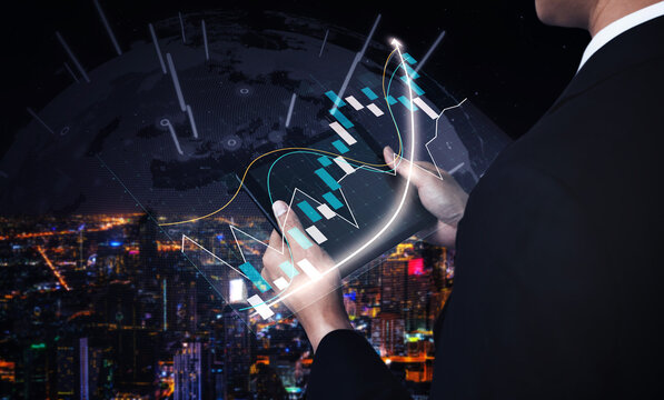 A businessman is analyzing virtual financial data displayed in graphs, set against a vibrant city skyline at night showcasing technology and growth. Impute