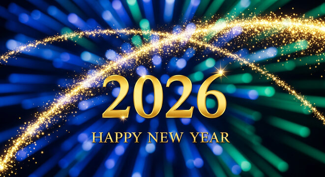 Image of golden 2026 and "Happy New Year" with blur blue and green rays and sparkles, suggesting celebration, festive mood, and upcoming new year
