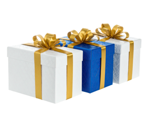 Three colorful wrapped boxes with gold ribbons on a black background