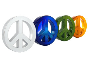 Four 3D peace symbols in white, blue, green, and orange, on a black backdrop