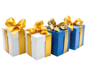 Four gift boxes of varying colors, adorned with golden ribbon bows, stand against a black background