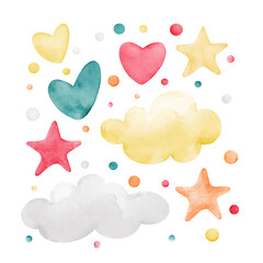 A set of colorful clouds, stars, hearts, and circles in pastel colors. Watercolor cartoon illustration for children's cards, isolated on a white background. Clip art for children's-themed designs.