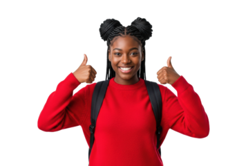 young african american female student (teenager) with braided space buns, red sweater, and backpack giving an energetic double thumbs-up on a high-key white background. concept of student success and