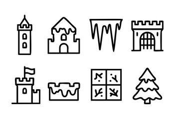 Set of eight line art icons depicting winter themed castle elements: towers, walls, gates, icicles, and a snow-covered Christmas tree. Perfect for winter holidays, fairytale themes, or game design.