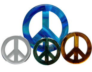 Various translucent peace symbols in different colors. Set against a black background