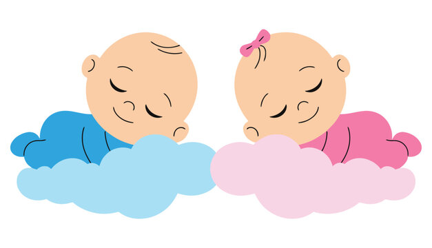 Illustration of twins sleeping on clouds in pink and blue on a white background on transparent background