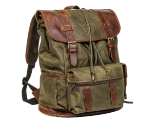Sturdy, olive green backpack with leather accents, buckles, and a drawstring closure