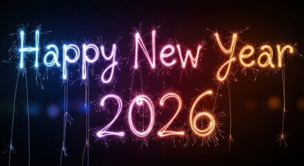 Happy new year 2026 sparkler text with bright colorful glowing