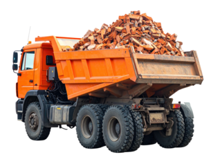 Orange dump truck hauling rubble. Rear view, highlighting tires and contents