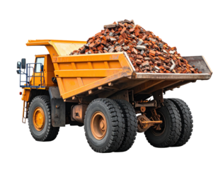 A large, orange construction truck, fully loaded with broken bricks, isolated against a transparent backdrop