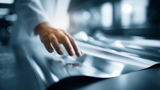 Medium shot of a scientist handling a sleek grapheneinfused metal sheet highlighting its ultralightweight and exceptional strength properties in a hightech lab.