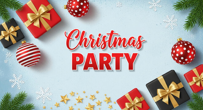 Festive image with ornaments, gifts, snowflakes and fir branches, celebrating a Christmas party. It evokes holiday cheer and joyful atmosphere