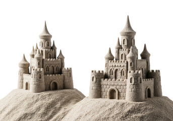 Fototapeta premium Two pristine, intricately detailed sandcastles crafted from light beige sand, isolated on a crisp white studio infinity background with high-key lighting. concept of ephemeral childhood creativity
