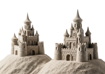 Two pristine, intricately detailed sandcastles crafted from light beige sand, isolated on a crisp white studio infinity background with high-key lighting. concept of ephemeral childhood creativity