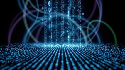 Digital data stream matrix with glowing binary code elements 3d