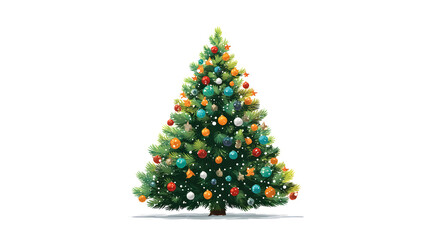 Fototapeta premium Christmas tree, festive element, flat vector design, bright green with colorful baubles, isolated on white background.
