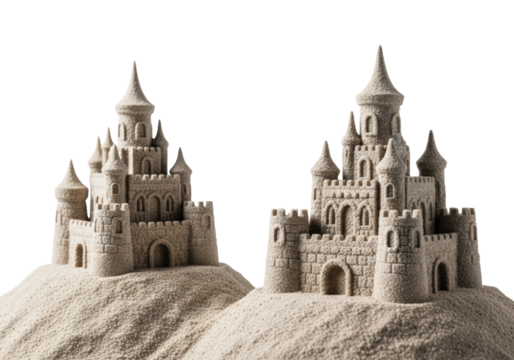Two pristine, intricately detailed sandcastles crafted from light beige sand, isolated on a crisp white studio infinity background with high-key lighting. concept of ephemeral childhood creativity