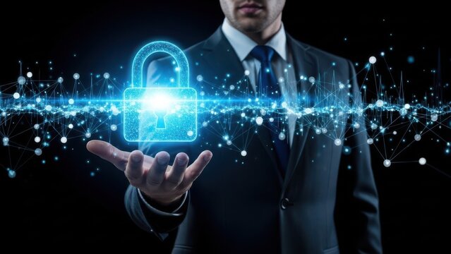 Cyber security concept: businessman with glowing data padlock