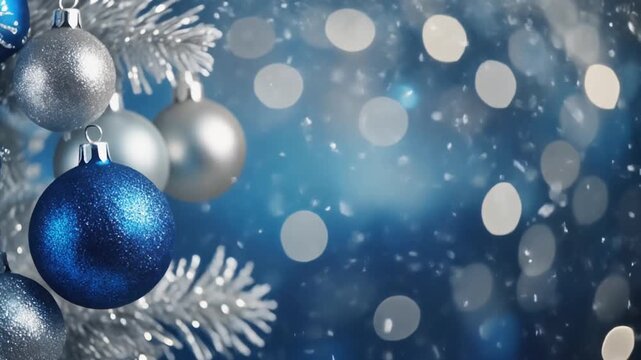 Christmas, blue and silver ornaments on the side, silver and blue bokeh background, mp4 video. AI