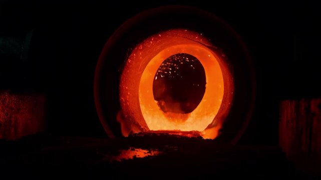 Medium shot of industrial furnace glowing as metal parts undergo annealing to soften and refine their microstructure for enhanced ductility.