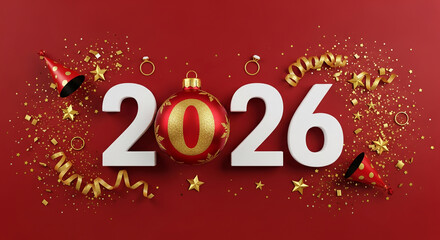Arrangement of white number for the year 2026 and ornament on red surface, concept of celebration and festive occasion, representing hope and new year