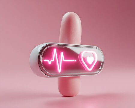 Futuristic health tracker device with glowing heartbeat and location icon on pink background - Powered by Adobe