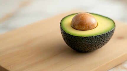 Half of an avocado with the pit still inside, resting on a wooden cutting board, close-up shot