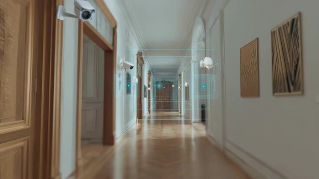 Medium shot of a hallway featuring smart security cameras and motion sensors activating demonstrating advanced IoT home safety solutions.
