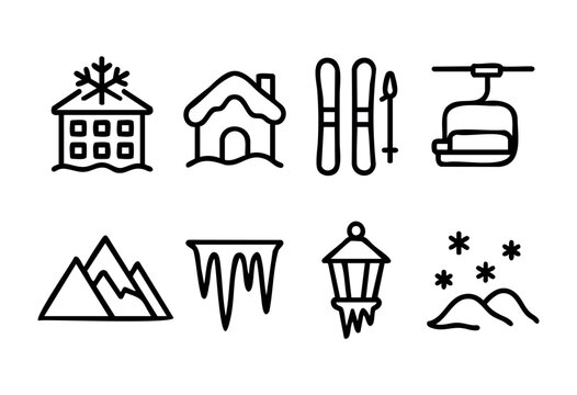 Set of eight hand-drawn line icons related to winter sports and a snowy landscape. Includes images of a snow-covered house, ski lift, skis, ski poles, mountains, icicles, a lantern and snowflakes. Per
