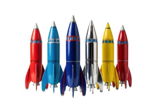 Five hyperrealistic vintage 1950s tin rocket ships (red, blue, silver) standing upright on a seamless white background with bokeh, sharp focus, and polished metal highlights, tribute to mid-century