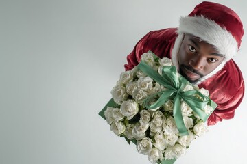 Cheerful Afro Santa delivery man holding a large bouquet of white roses in a festive setting for a holiday celebration