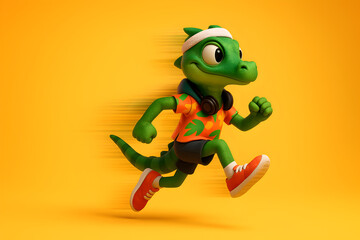 Cute green cartoon lizard mascot running fast on orange background wearing sneakers headphones and tropical shirt symbolizing fitness sport and fun

