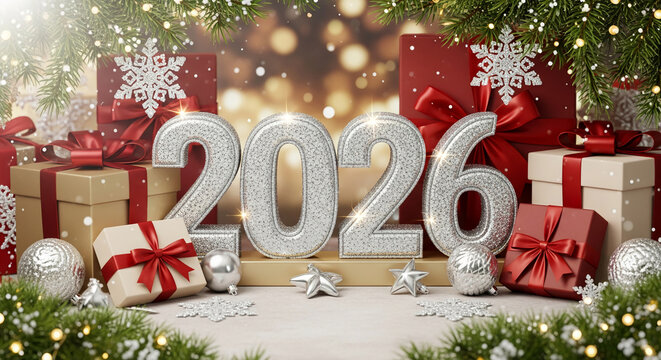 Festive image of silver glitter number 2026 with gifts and ornaments. It represents New Year celebration, luxury, and anticipation of upcoming year