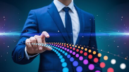 Dynamic businessman touching vibrant digital interface for innovation