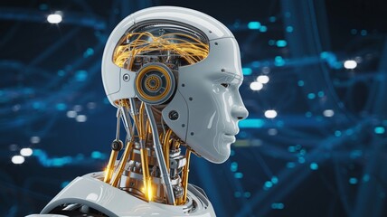 Futuristic humanoid robot head with advanced AI technology concept