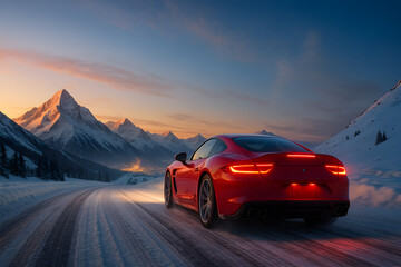 Obraz premium Red sports car driving on snowy mountain road at colorful sunset symbolizing winter travel freedom adventure speed and inspirational road trip 