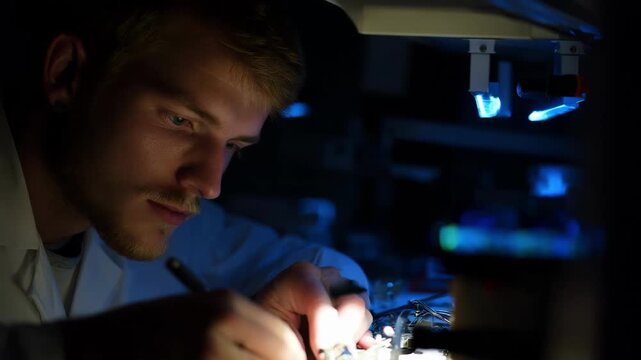 Researcher analyzing lightweight lithium alloy components using precision instruments to develop materials for aerospace applications.