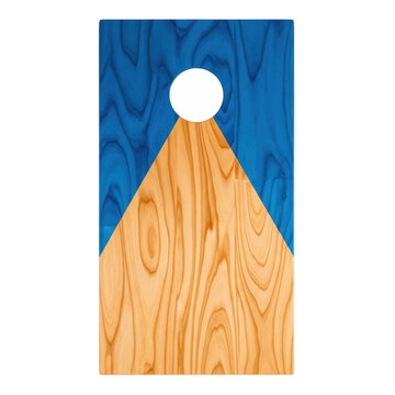 A flat lay photorealistic still life of a regulation wooden cornhole board with polished natural wood grain and vibrant azure blue paint, isolated on a white background. Concept of quality outdoor