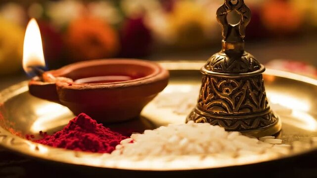 Traditional hindu brass plate ritual items including diya lamp kumkum powder and rice grains in warm devotional light