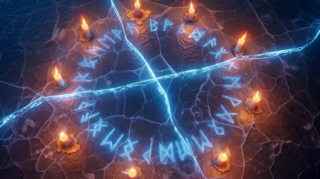 Glowing rune circle with candles and cracked ice surface for pagan Yule rituals and winter magic concept