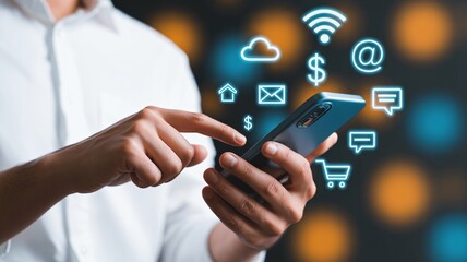 Modern man using mobile for online shopping and digital connection